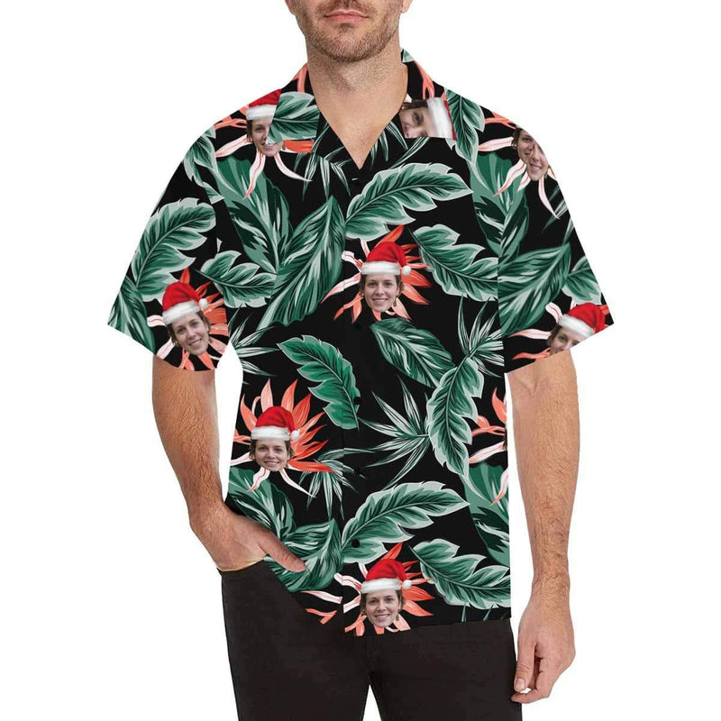 Custom Face Hawaiian Shirt Red Flower Leaves Aloha Shirts for Boyfriend/Husband Birthday Vacation Party Gift