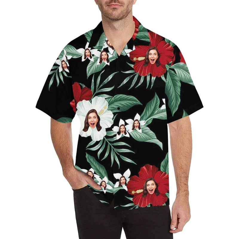 Custom Face Hawaiian Shirt Red Flower Leaves Aloha Shirts for Boyfriend/Husband Birthday Vacation Party Gift