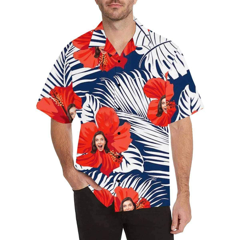 Custom Face Hawaiian Shirt Red Flower Leaves Aloha Shirts for Boyfriend/Husband Birthday Vacation Party Gift