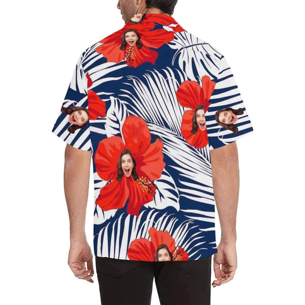Custom Face Hawaiian Shirt Red Flowers Tropical Aloha Shirt Birthday Vacation Party Gift for Him
