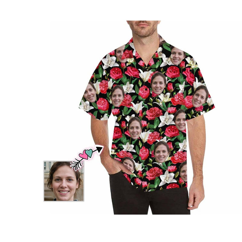 Custom Face Hawaiian Shirt Rose&Lily Flowers Design Your Own Tropical Printing Hawaiian Shirt for Husband/Boyfriend