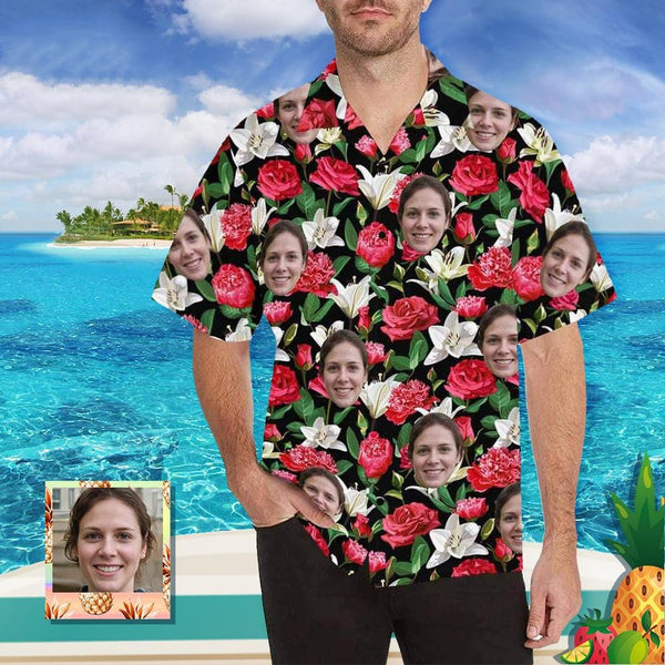Custom Face Hawaiian Shirt Rose&Lily Flowers Design Your Own Tropical Printing Hawaiian Shirt for Husband/Boyfriend
