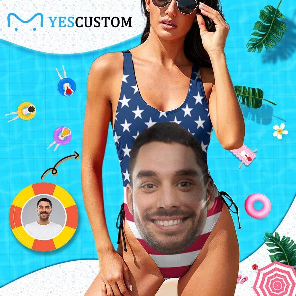 Custom Face US Flag Couple Matching Swimsuit Personalized Women&