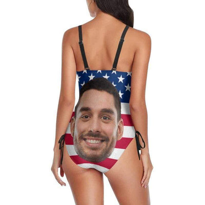 Custom Face US Flag Couple Matching Swimsuit Personalized Women&