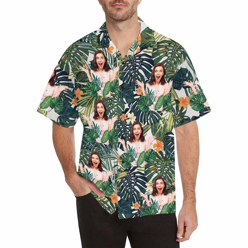 Custom Girlfriend Face Hawaiian Shirt Green Leaves Cute Plants Design Your Own Hawaiian Shirt Face on Shirt Gift