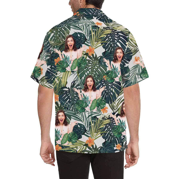 Custom Girlfriend Face Hawaiian Shirt Green Leaves Cute Plants Design Your Own Hawaiian Shirt Face on Shirt Gift