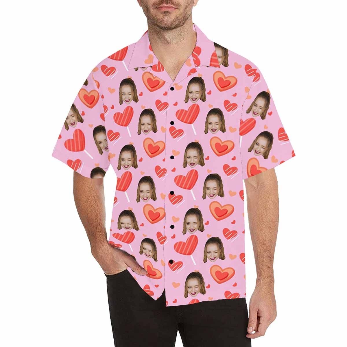 Custom Girlfriend Face Hawaiian Shirt Pink Cute Heart Create Your Own Hawaiian Shirt Birthday Gift