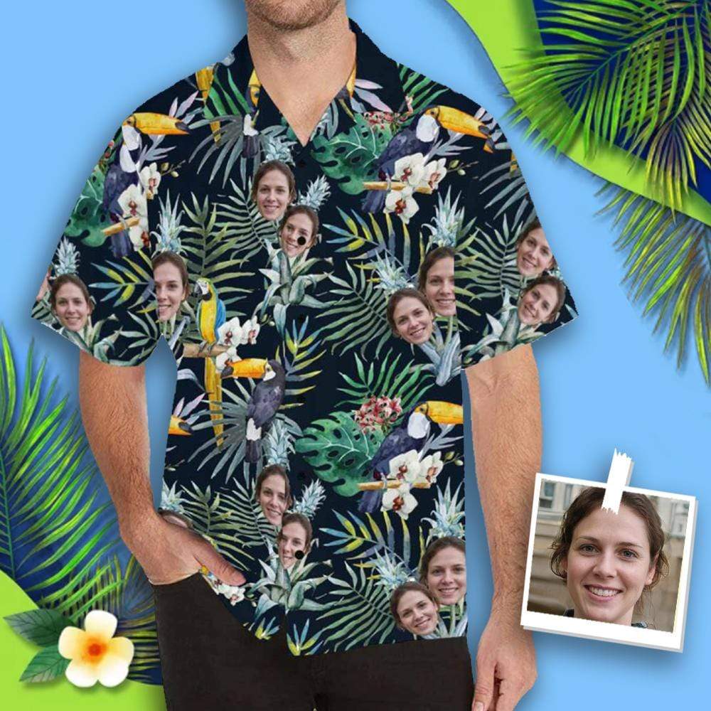 Custom Hawaiian Shirt with Face Best Couple Gift Flower Parrot Face Shirt Personalized Hawaiian Shirts Birthday Party Gift