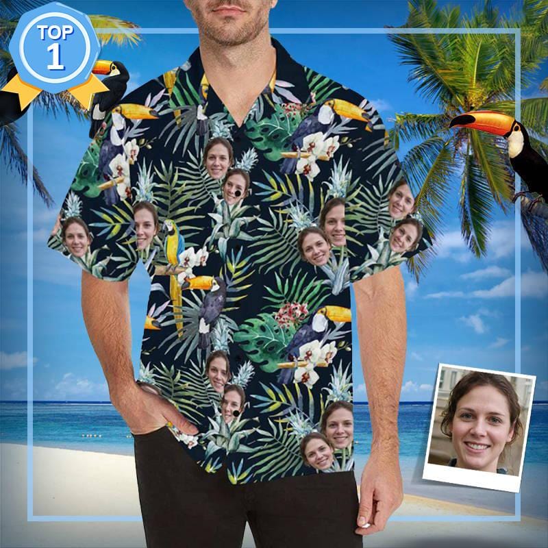 Custom Hawaiian Shirt with Face Best Couple Gift Flower Parrot Face Shirt Personalized Hawaiian Shirts Birthday Party Gift