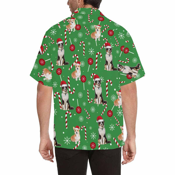 Custom Image Hawaiian Shirt with Photo Christmas Dogs Green Tropical Aloha Shirts for Him