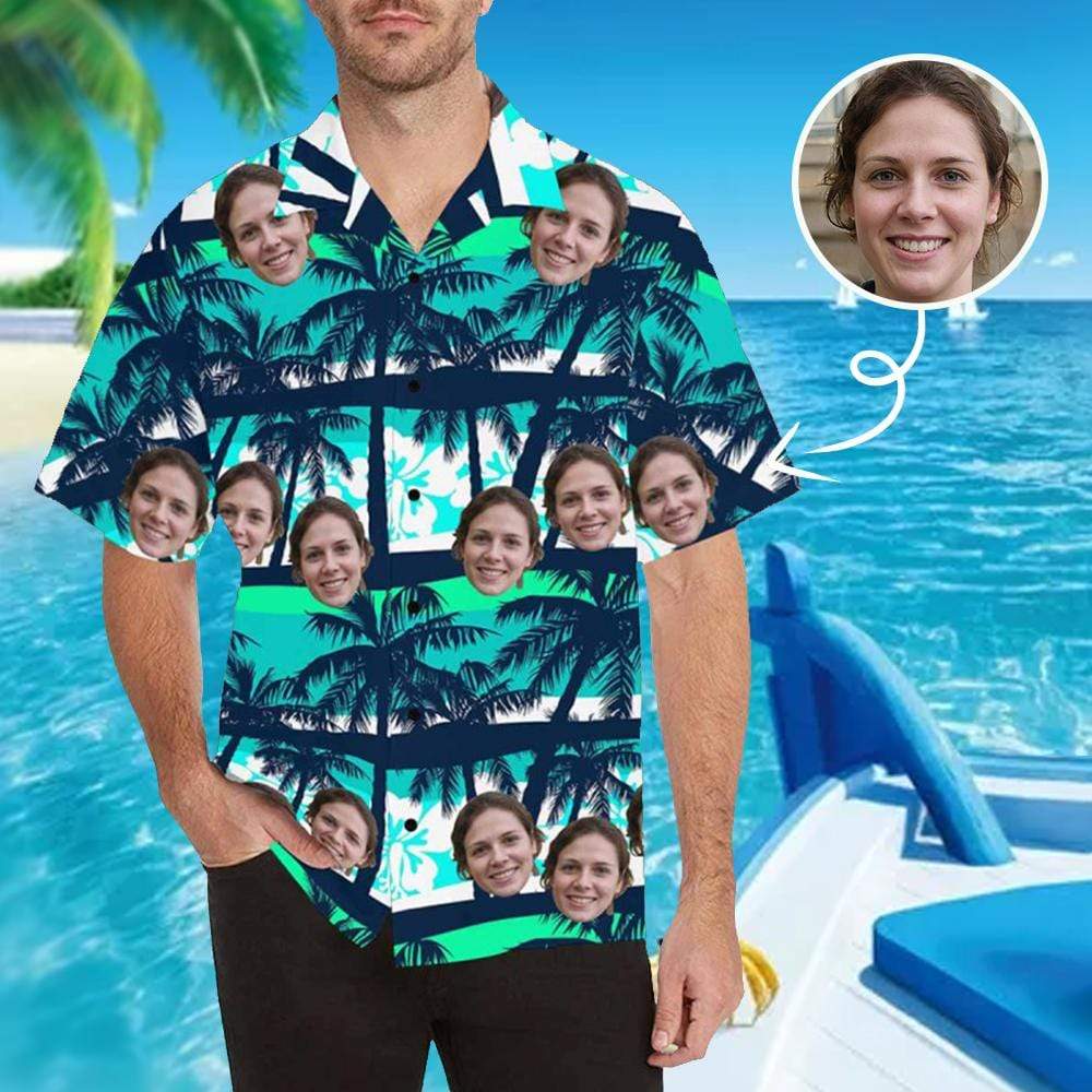 Custom Made Hawaiian Shirts with Girlfriend Face Coconut Tree Personalized Photo Tropical Aloha Shirt