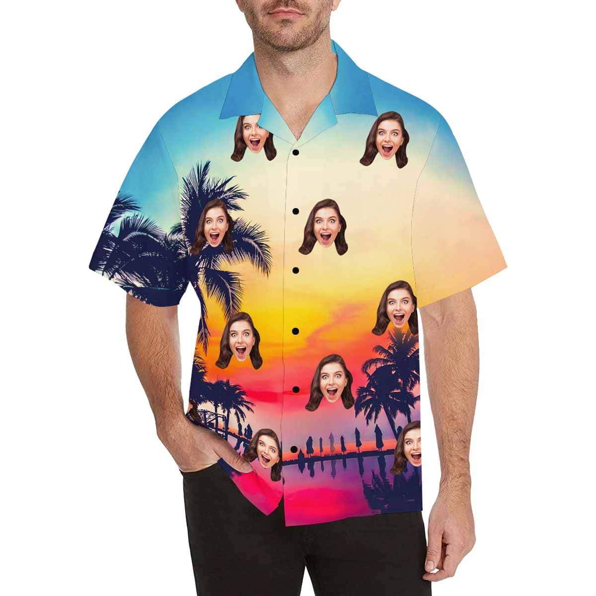 Custom Made Hawaiian Shirts with Girlfriend Face Coconut Tree Personalized Photo Tropical Aloha Shirt