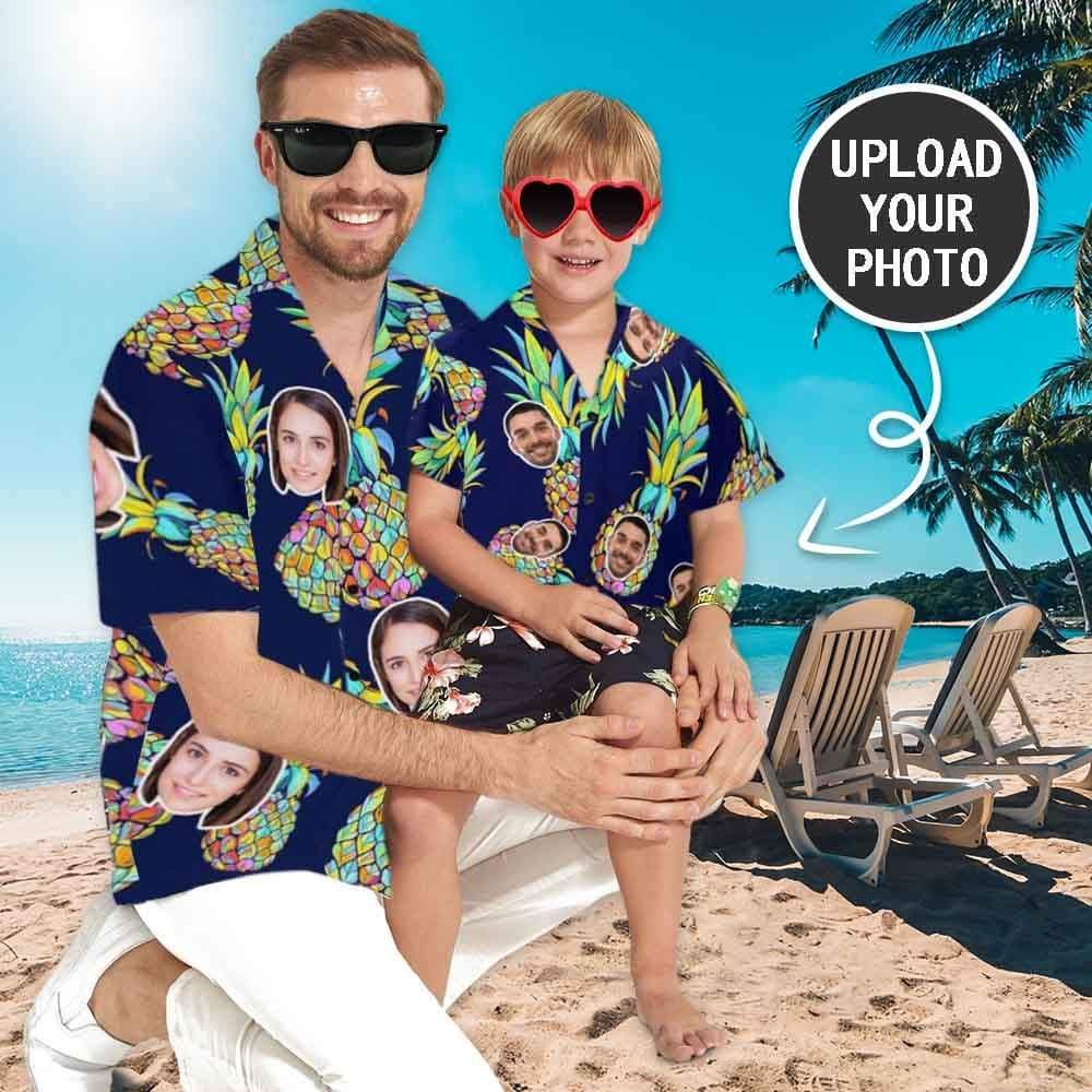 Custom Photo Hawaiian Shirts Photo Blue Pineapple Unisex &amp; Teenage Create Your Own Aloha Shirt