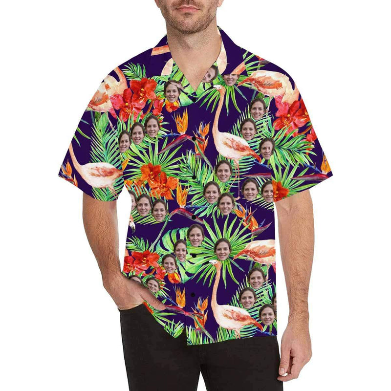 Custom Print Hawaiian Shirt with Face Flamingo Leaves Create Your Own Tropical Aloha Shirt Birthday Vacation Party Gift