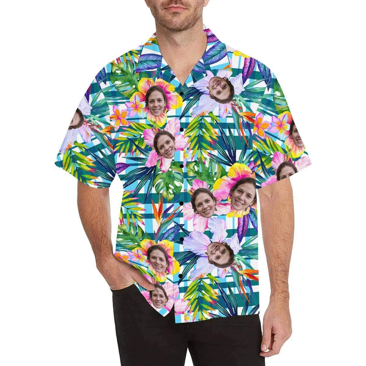 Custom Print Hawaiian Shirt with Face Flamingo Leaves Create Your Own Tropical Aloha Shirt Birthday Vacation Party Gift