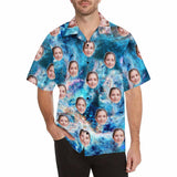 Custom Print Hawaiian Shirt with Wife Face Blue Nebula ropical Aloha Shirt Birthday Vacation Party Gift for Him