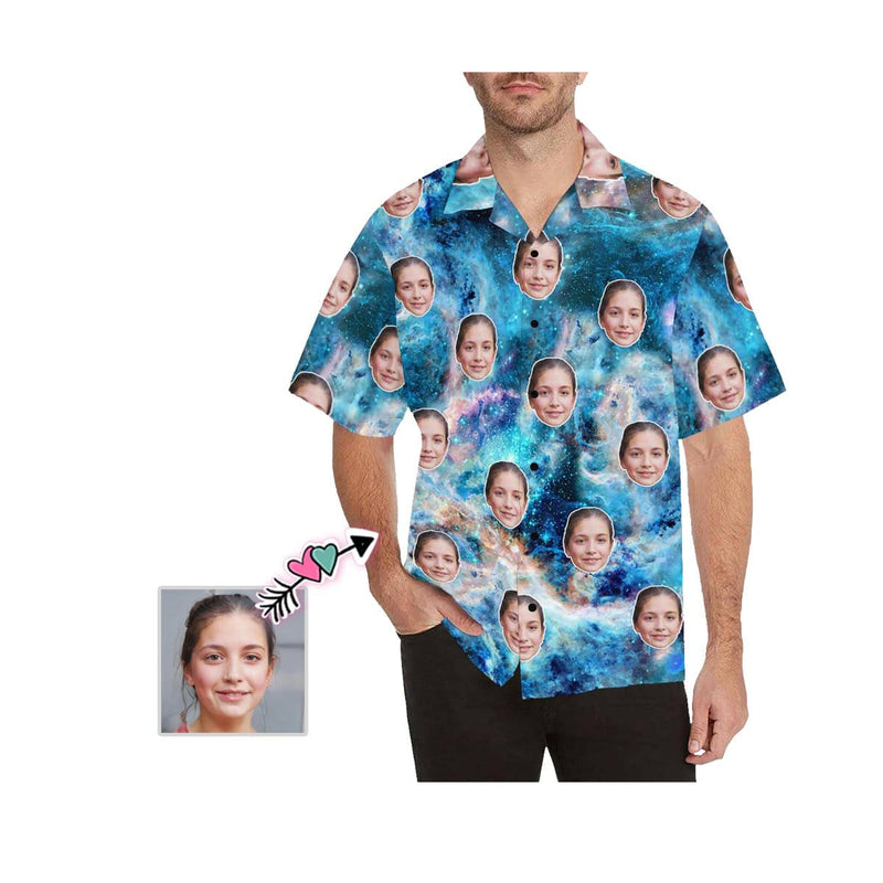 Custom Print Hawaiian Shirt with Wife Face Blue Nebula ropical Aloha Shirt Birthday Vacation Party Gift for Him