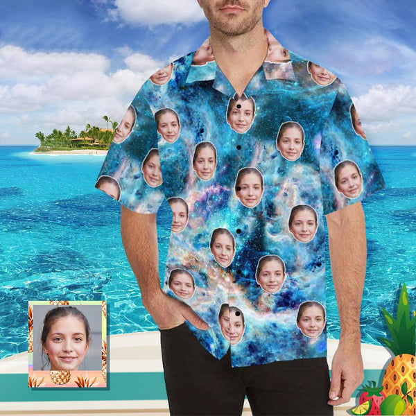 Custom Print Hawaiian Shirt with Wife Face Blue Nebula ropical Aloha Shirt Birthday Vacation Party Gift for Him