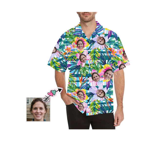 Hawaiian Shirt with Your Face Plaid Flower Personalized Face Tropical Aloha Shirt for Husband/Boyfriend