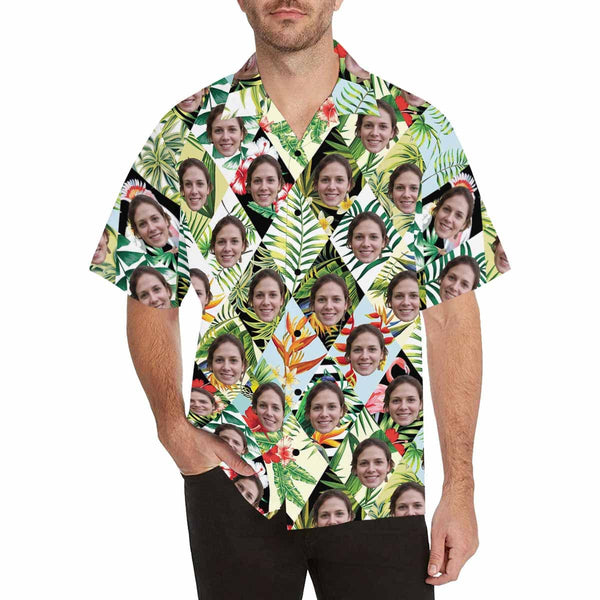 Hawaiian Shirts with Faces on Them Leaves Rhombus Custom Aloha Shirts Birthday Vacation Party Gift for Him