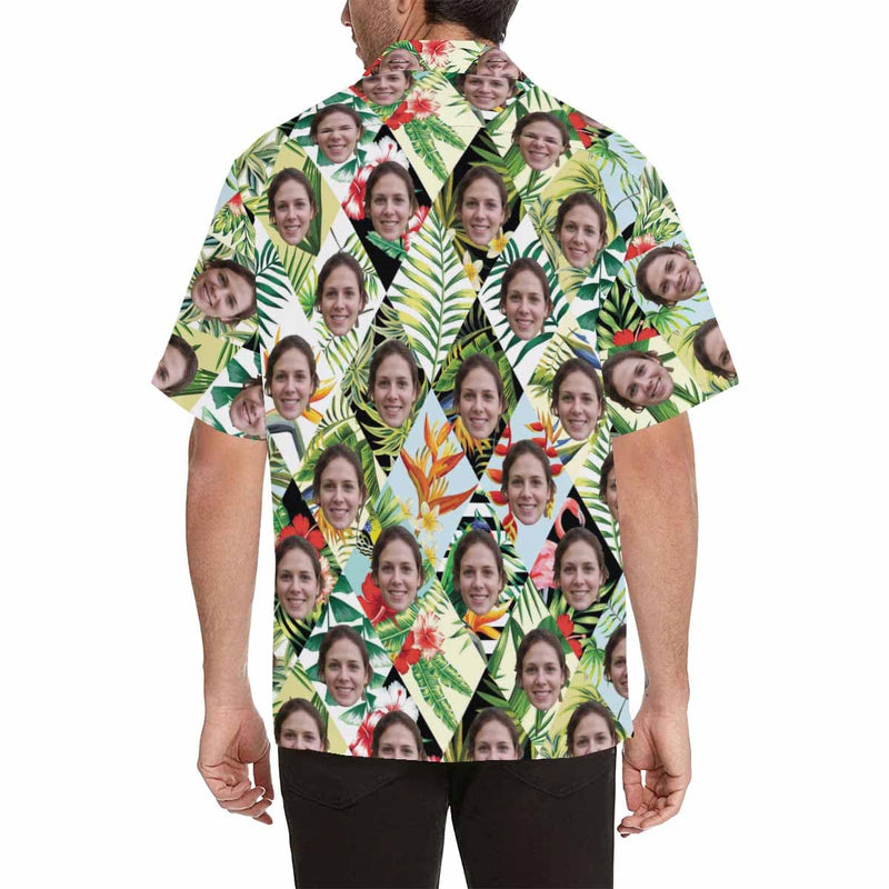 Hawaiian Shirts with Faces on Them Leaves Rhombus Custom Aloha Shirts Birthday Vacation Party Gift for Him