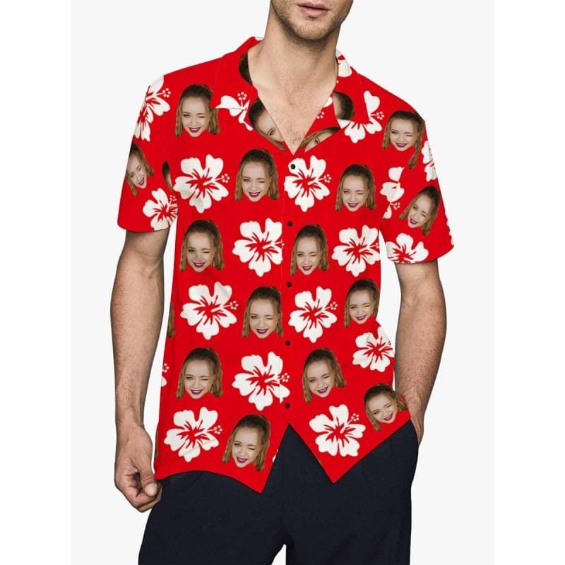 Hawaiian Shirts with Faces on Them Romantic Red Flowers Tropical Aloha Shirt Birthday Vacation Party Gift for Him