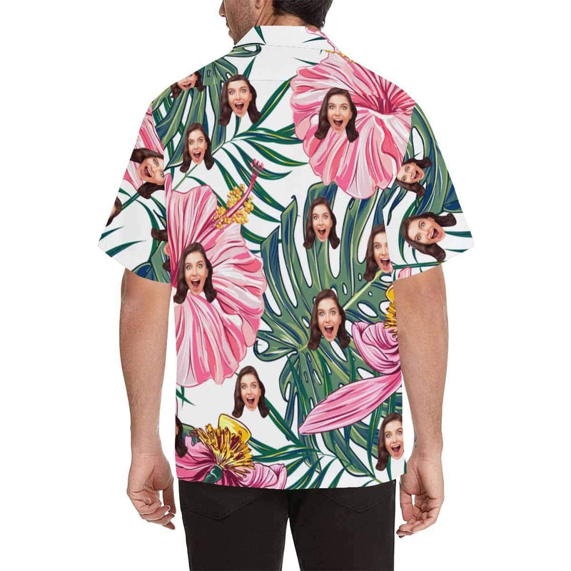 Personalized Hawaiian Shirts with Face Leaves Pink Flowers Create Your Own Hawaiian Shirt for Husband or Boyfriend