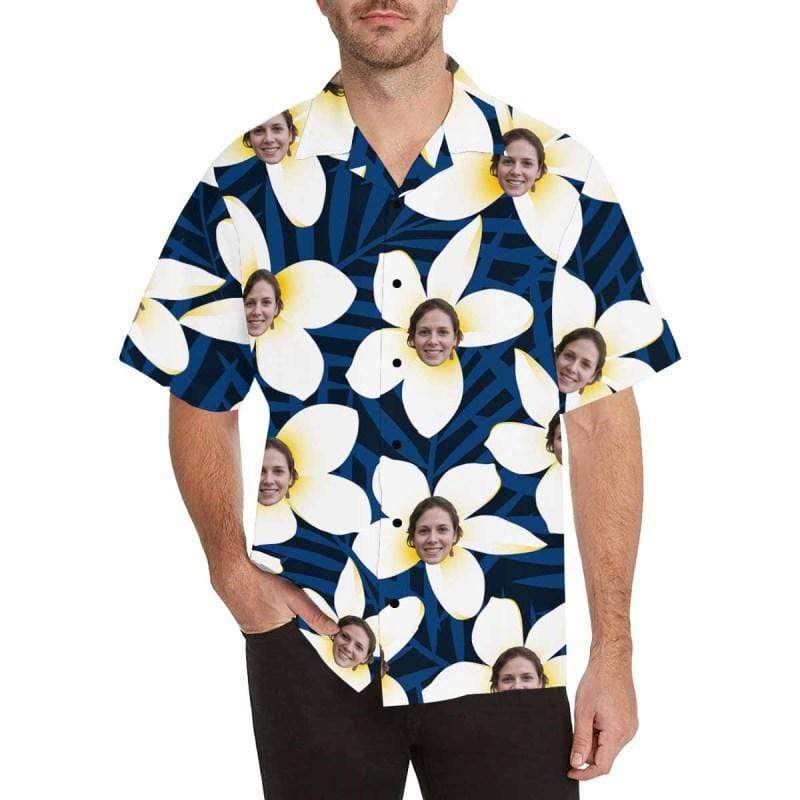 Personalized Hawaiian Shirts with Face White Flower Petals Face Aloha Shirt Gift for Him Birthday Party Gift