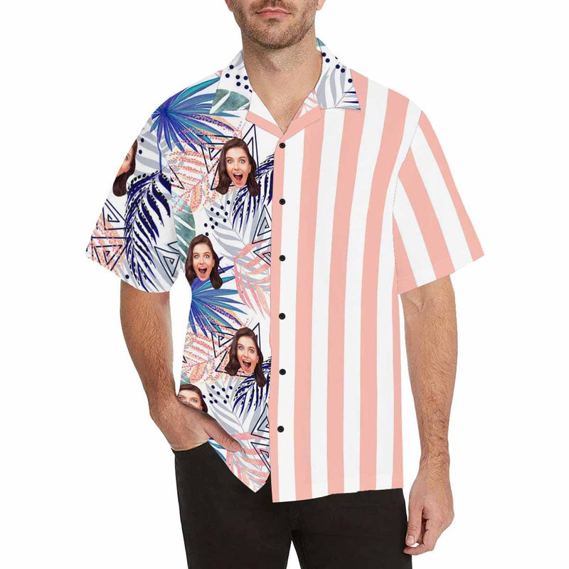 Personalized Leaves Face Pink Stripes Hawaiian Shirts Casual Comfort Men's Summer Shirts Birthday Funny Design Shirt