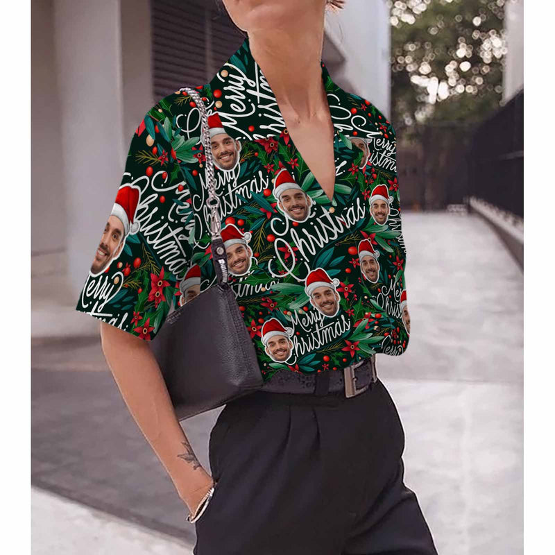 Custom Face Leaf Christmas Red Hat Women's Hawaiian Shirts All Over Print V Neck Short Sleeve Shirt Gift for Girlfriend Wife