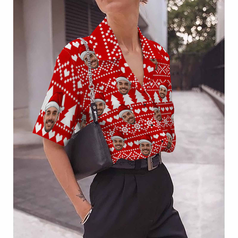 Custom Face Christmas Pattern Red Women's Hawaiian Shirts All Over Print V Neck Short Sleeve Shirt Gift for Girlfriend Wife