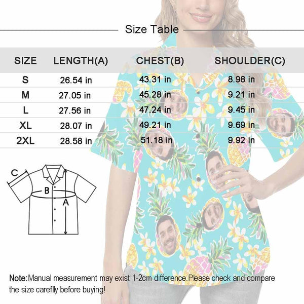 Custom Face Pineapple Christmas Women's Hawaiian Shirts All Over Print V Neck Short Sleeve Shirt Gift for Girlfriend Wife