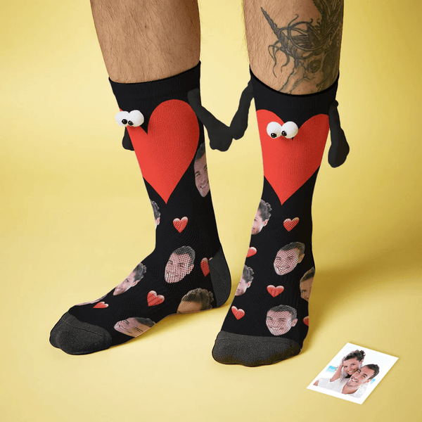 Custom Face Love Heart Black&White Magnetic Holding Hands Socks Suction Funny Big Eye Socks