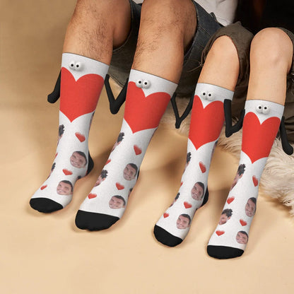 Custom Face Love Heart Black&amp;White Magnetic Holding Hands Socks Suction Funny Big Eye Socks