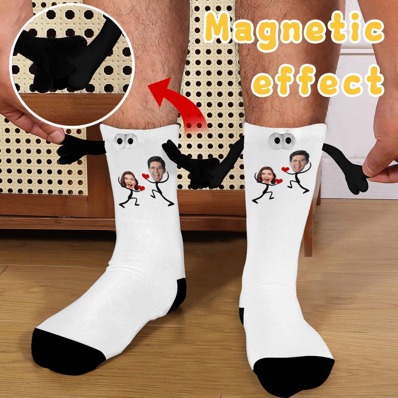 Custom Couple Face Magnetic Holding Hands Socks Suction Funny Big Eye Socks Valentine&