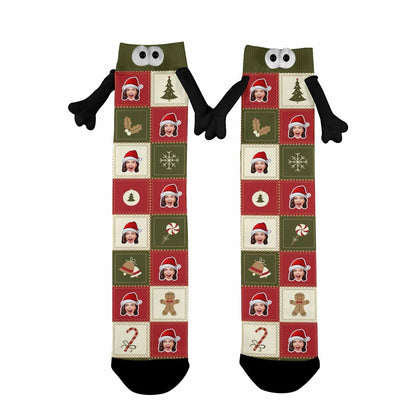 Custom Face Christmas Hat Candy Grid Magnetic Holding Hands Socks Suction Funny Big Eye Socks