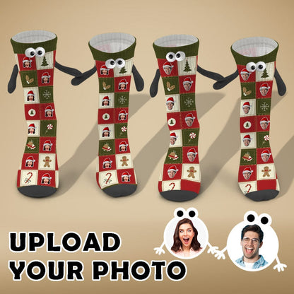 Custom Face Christmas Hat Candy Grid Magnetic Holding Hands Socks Suction Funny Big Eye Socks