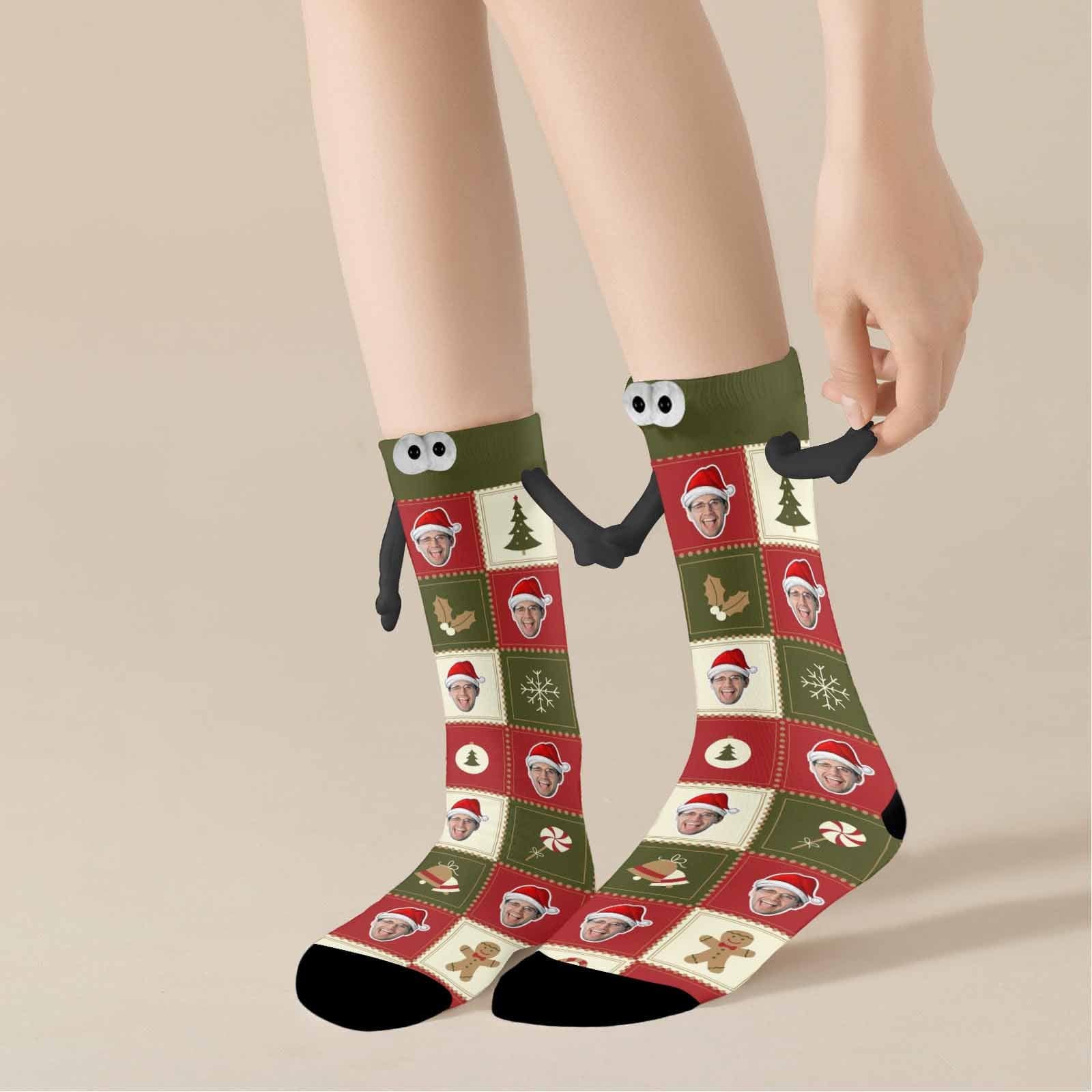 Custom Face Christmas Hat Candy Grid Magnetic Holding Hands Socks Suction Funny Big Eye Socks