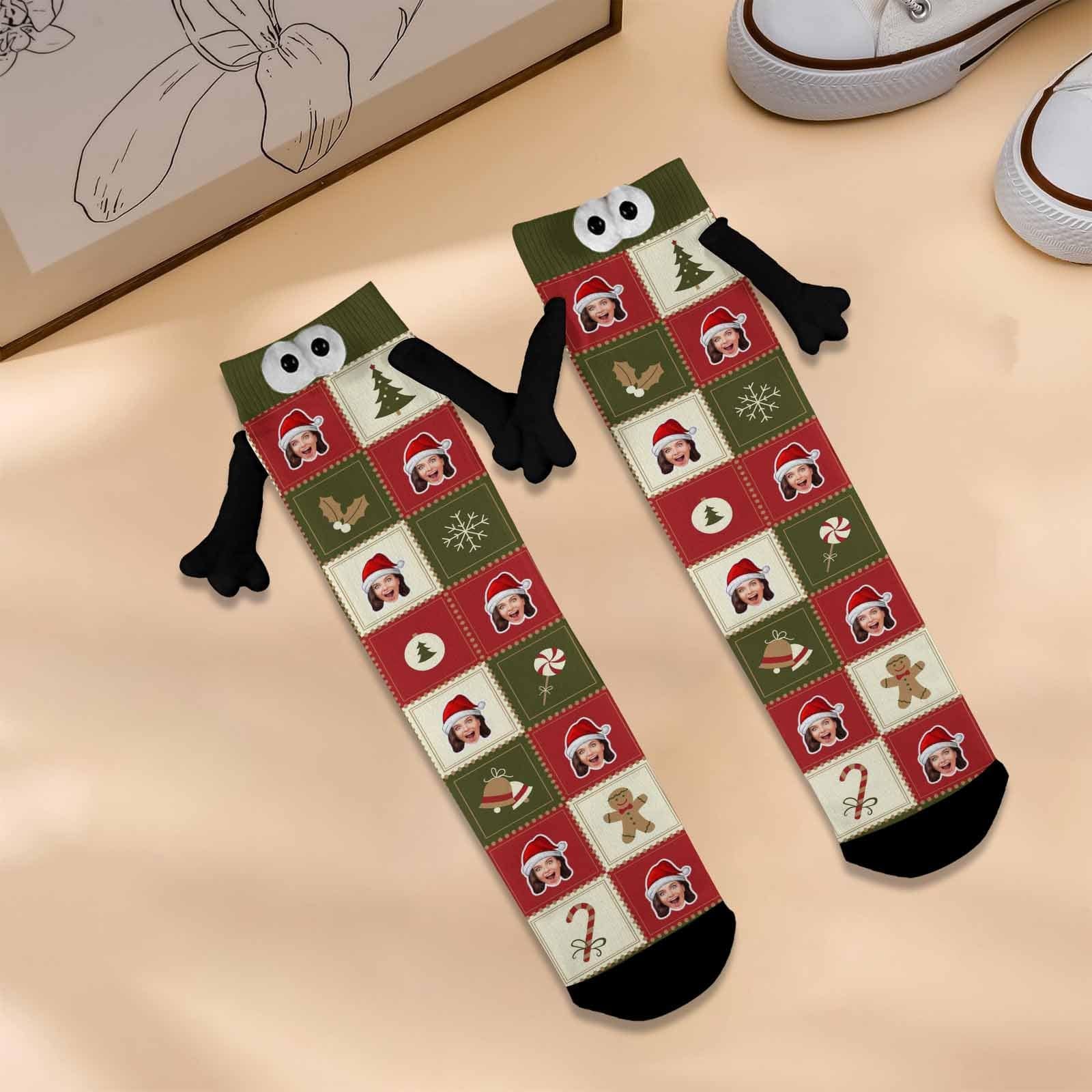 Custom Face Christmas Hat Candy Grid Magnetic Holding Hands Socks Suction Funny Big Eye Socks