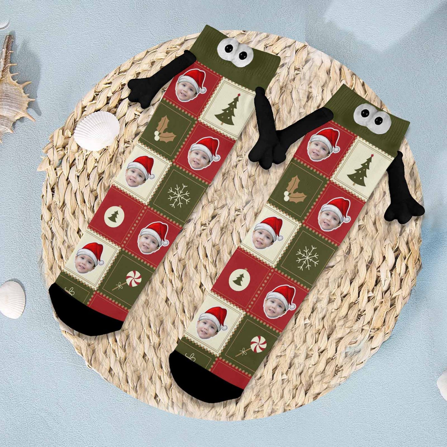 Custom Face Christmas Hat Candy Grid Magnetic Holding Hands Socks Suction Funny Big Eye Socks