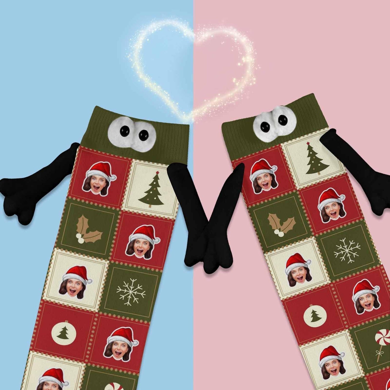 Custom Face Christmas Hat Candy Grid Magnetic Holding Hands Socks Suction Funny Big Eye Socks