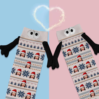 Custom Face Christmas Hat Magnetic Holding Hands Socks Suction Funny Big Eye Socks