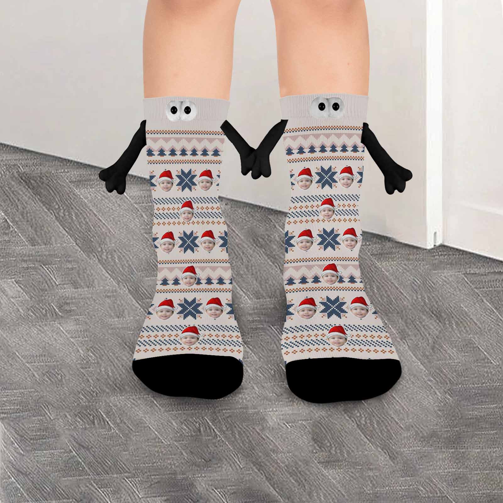 Custom Face Christmas Hat Magnetic Holding Hands Socks Suction Funny Big Eye Socks