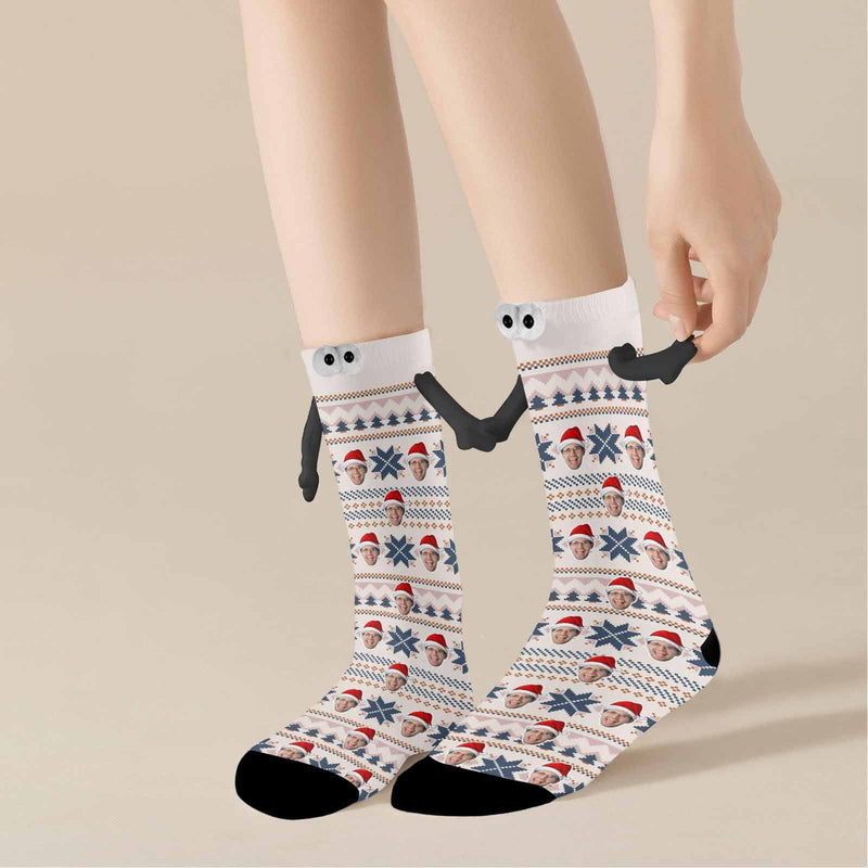 Custom Face Christmas Hat Magnetic Holding Hands Socks Suction Funny Big Eye Socks