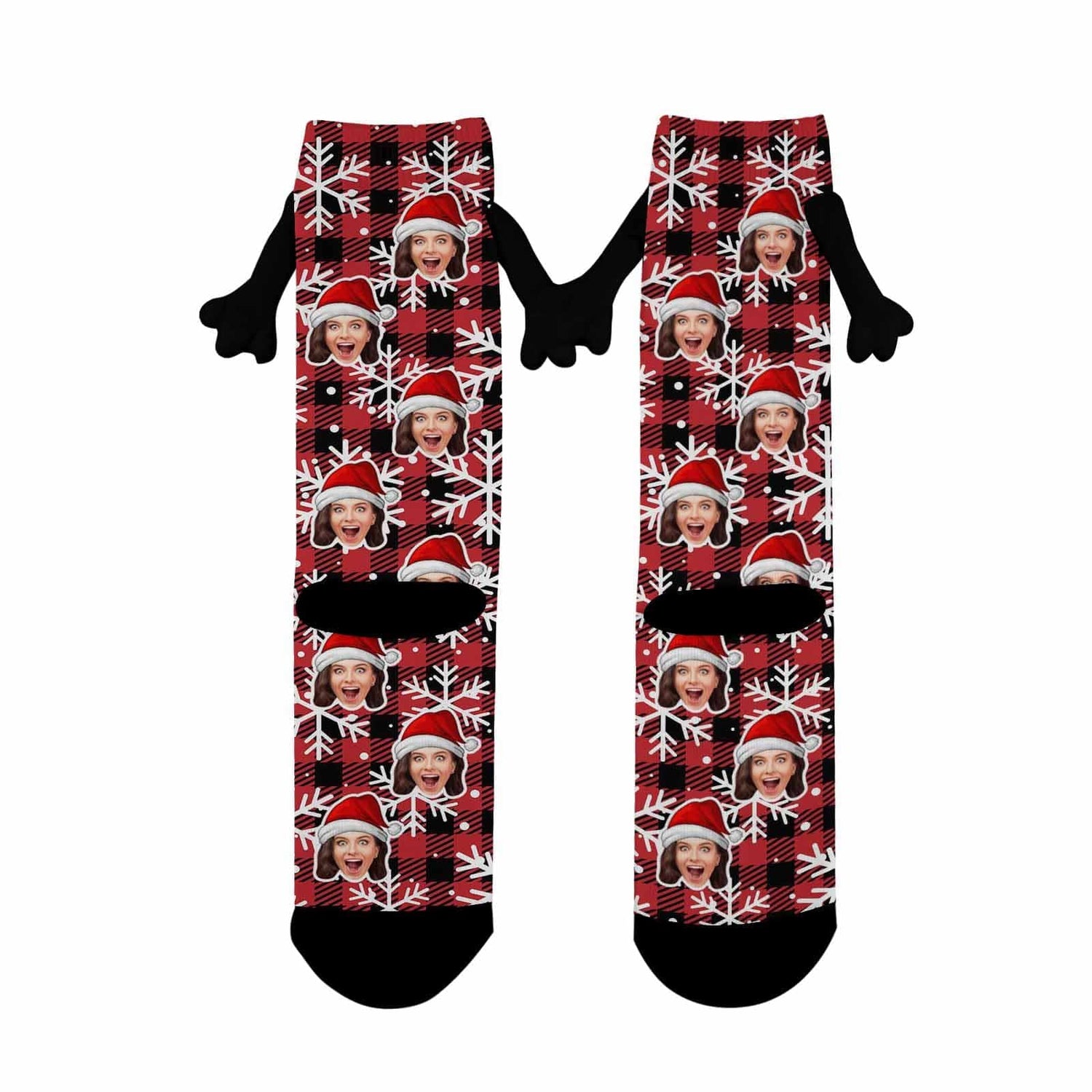 Custom Face Christmas Hat Snowflake Red Magnetic Holding Hands Socks Suction Funny Big Eye Socks