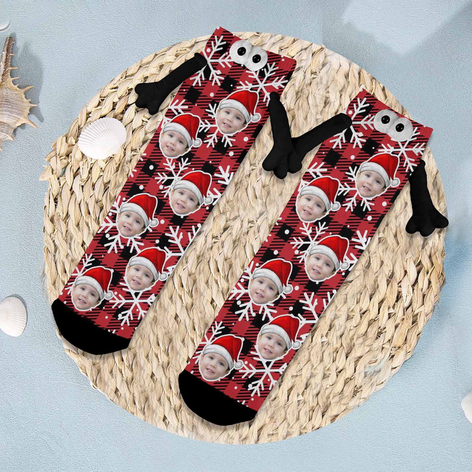 Custom Face Christmas Hat Snowflake Red Magnetic Holding Hands Socks Suction Funny Big Eye Socks