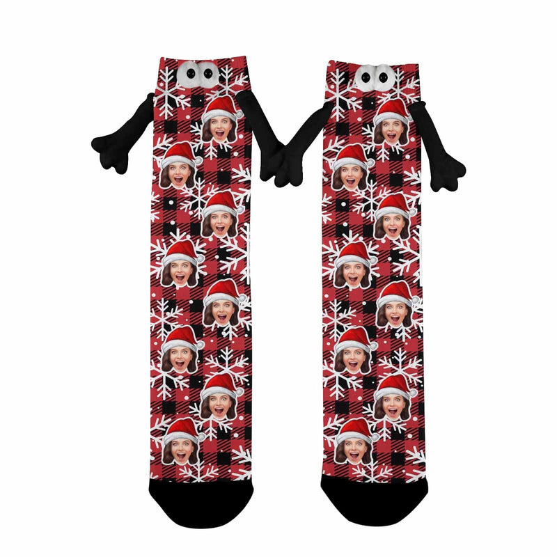 Custom Face Christmas Hat Snowflake Red Magnetic Holding Hands Socks Suction Funny Big Eye Socks