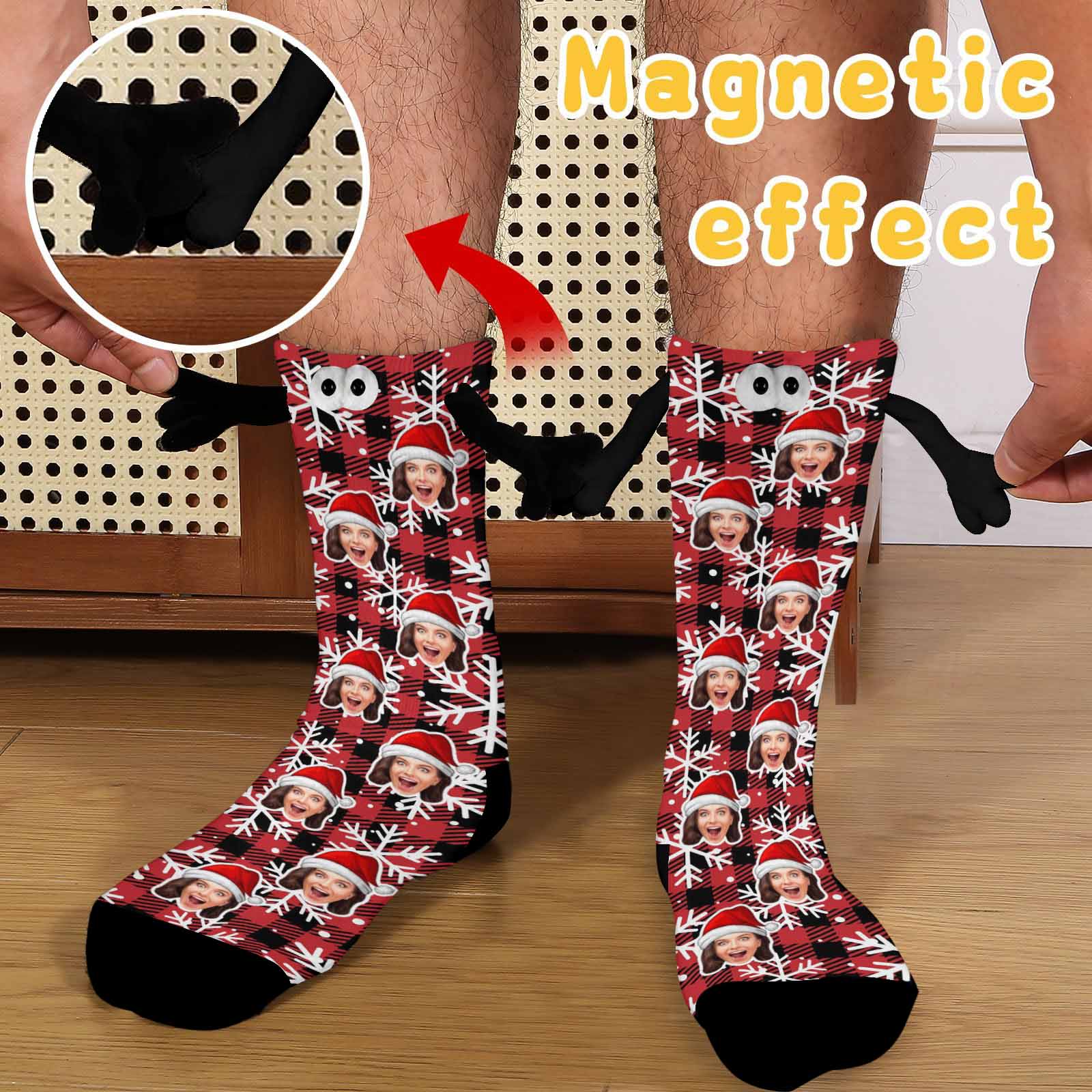 Custom Face Christmas Hat Snowflake Red Magnetic Holding Hands Socks Suction Funny Big Eye Socks