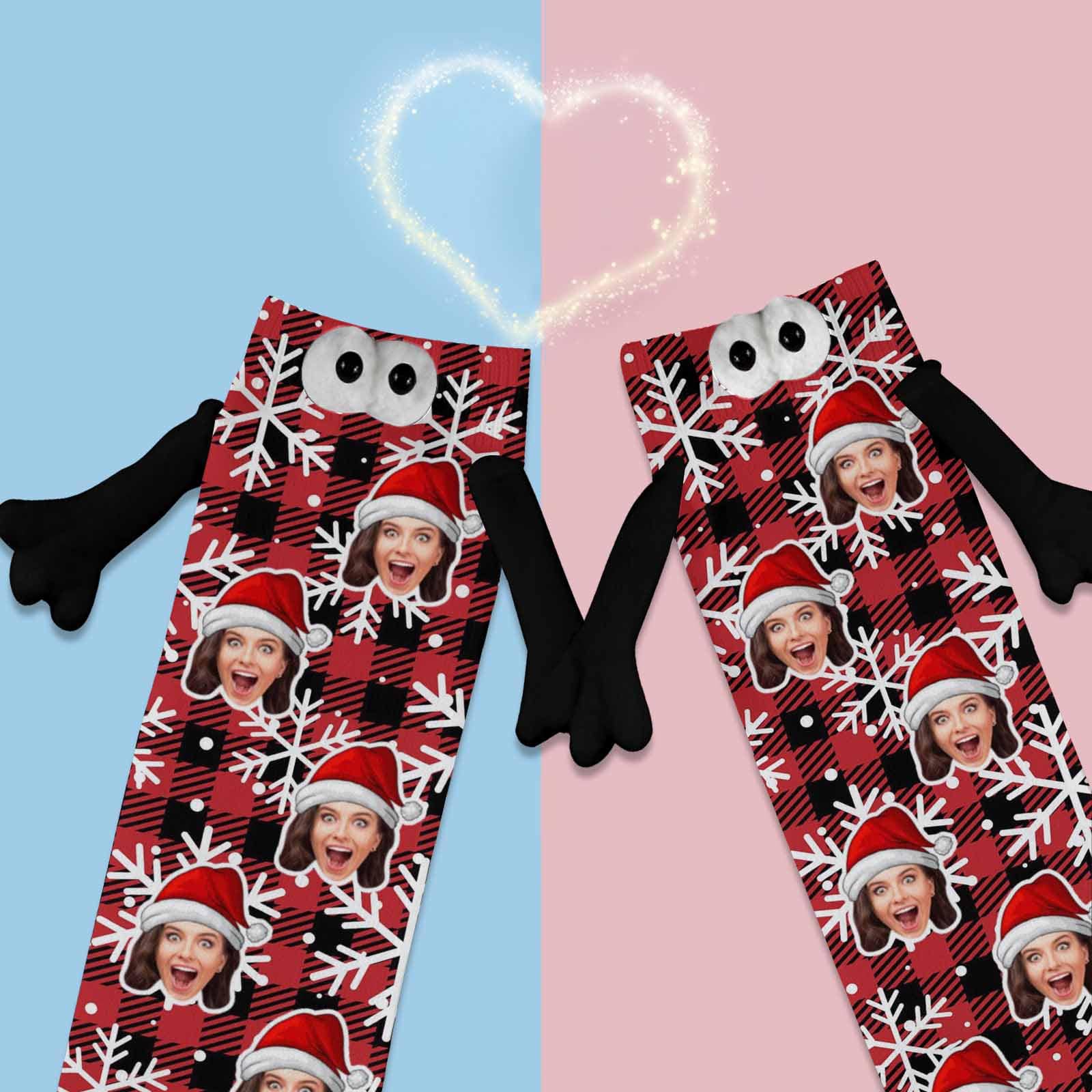 Custom Face Christmas Hat Snowflake Red Magnetic Holding Hands Socks Suction Funny Big Eye Socks