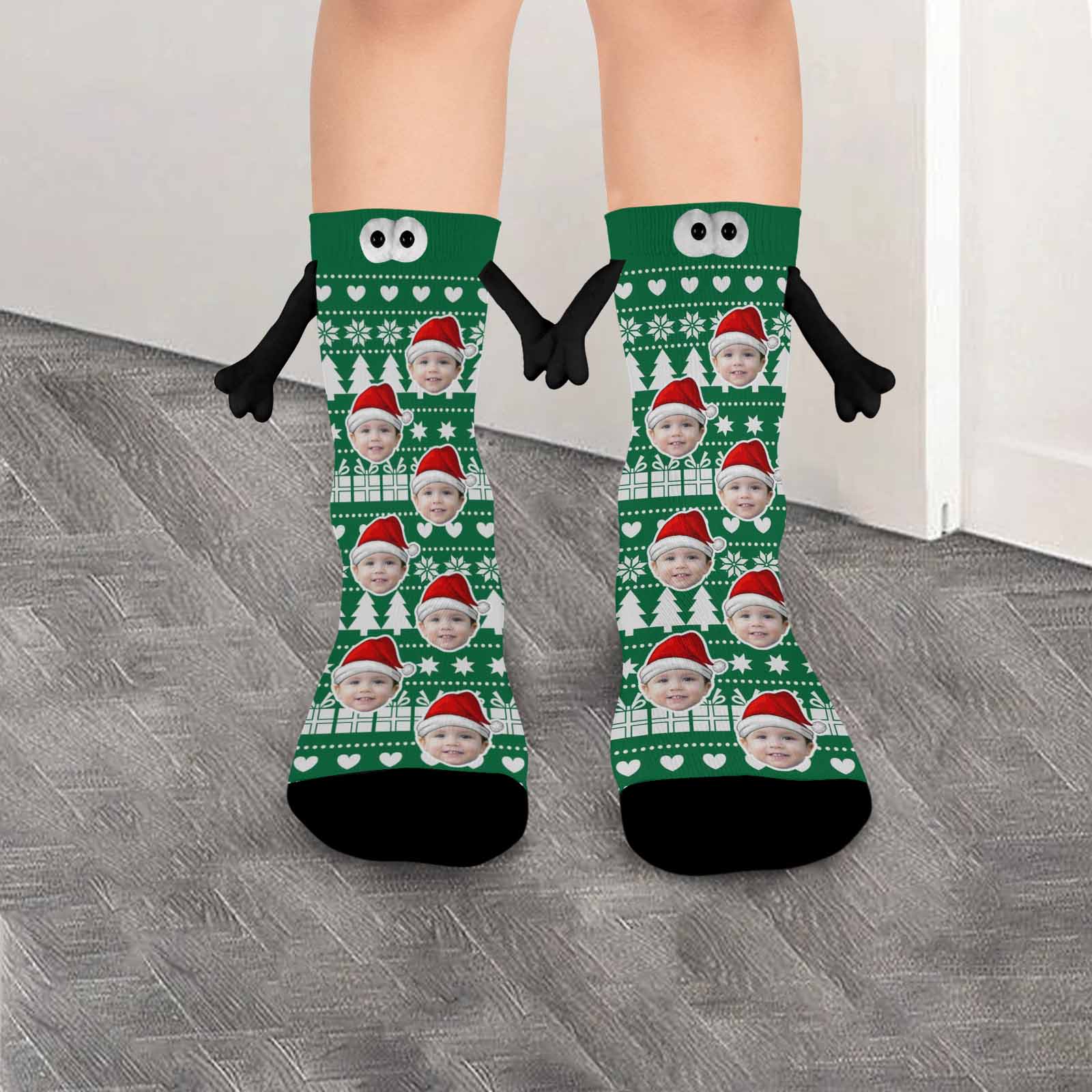 Custom Face Christmas Tree Green Magnetic Holding Hands Socks Suction Funny Big Eye Socks